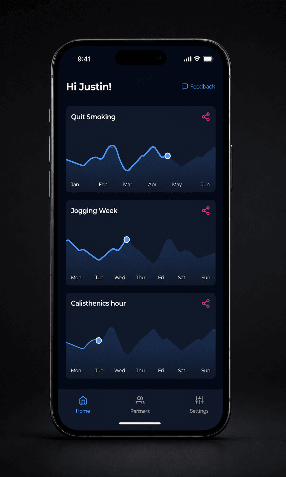 Bank on It goal dashboard in a dark graphite phone