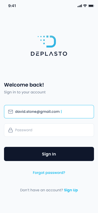 Deplasto login screen