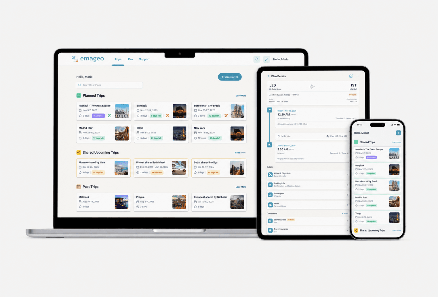 Emageo responsive travel product across desktop, tablet, and mobile