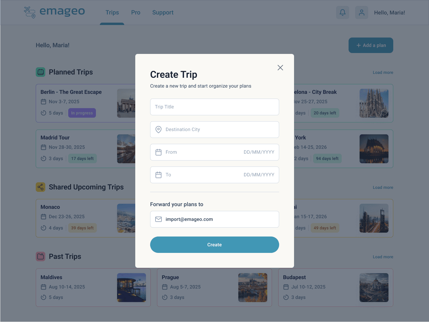 Emageo create-trip workflow
