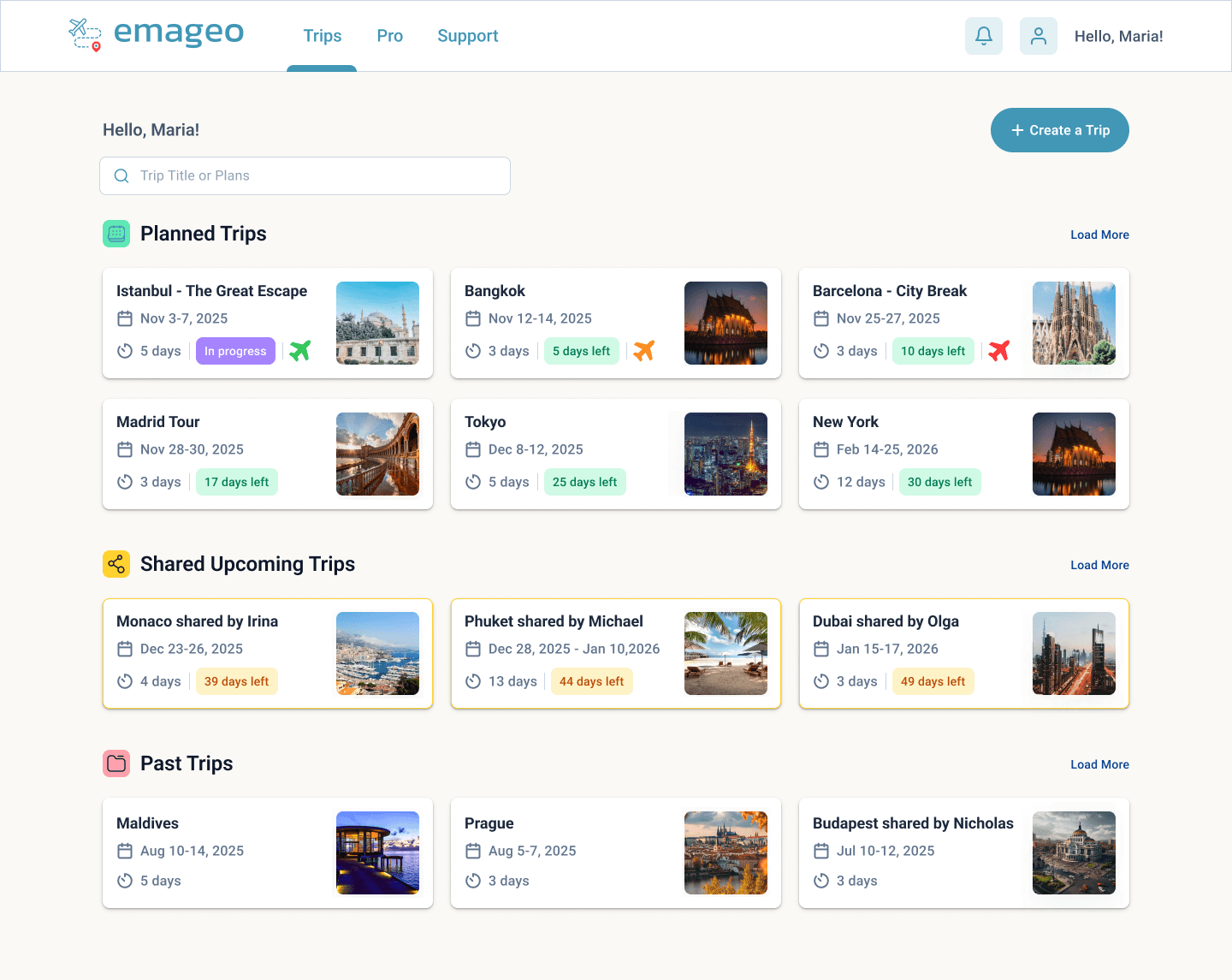 Emageo trip dashboard