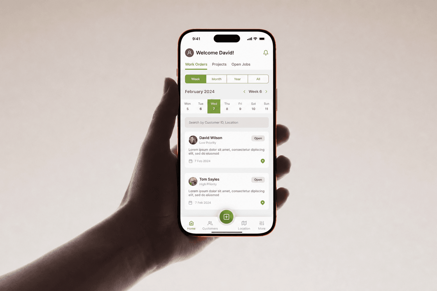 Field Optic work-order dashboard on a phone