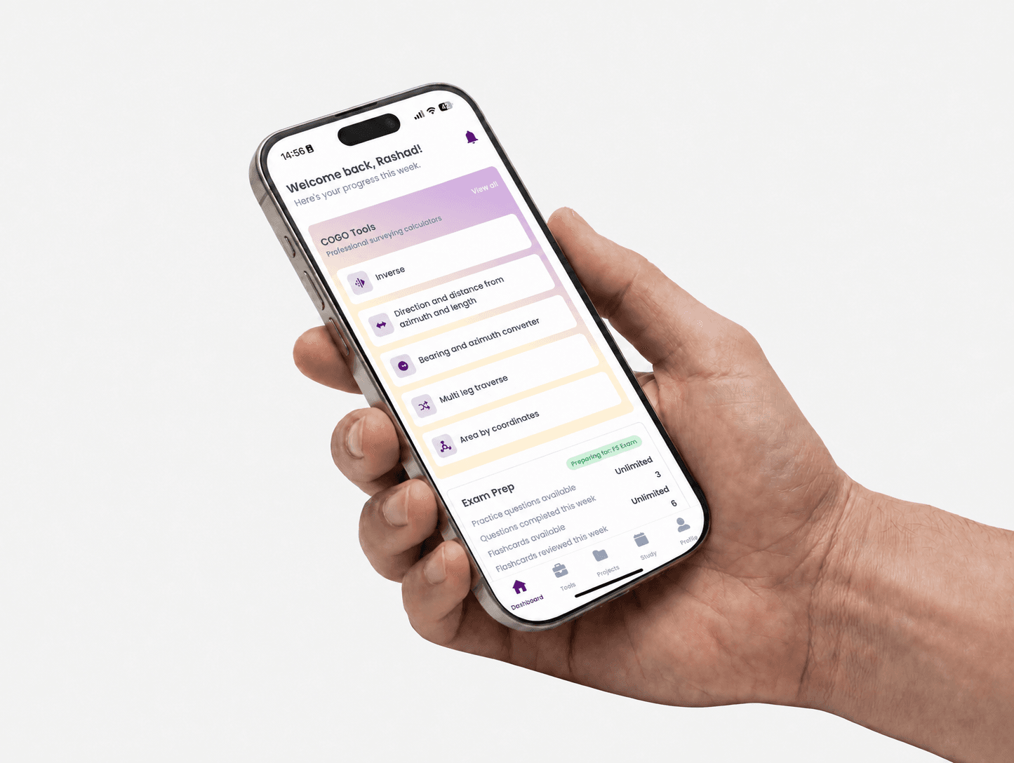 HARLO SurveySuite dashboard aligned inside a phone