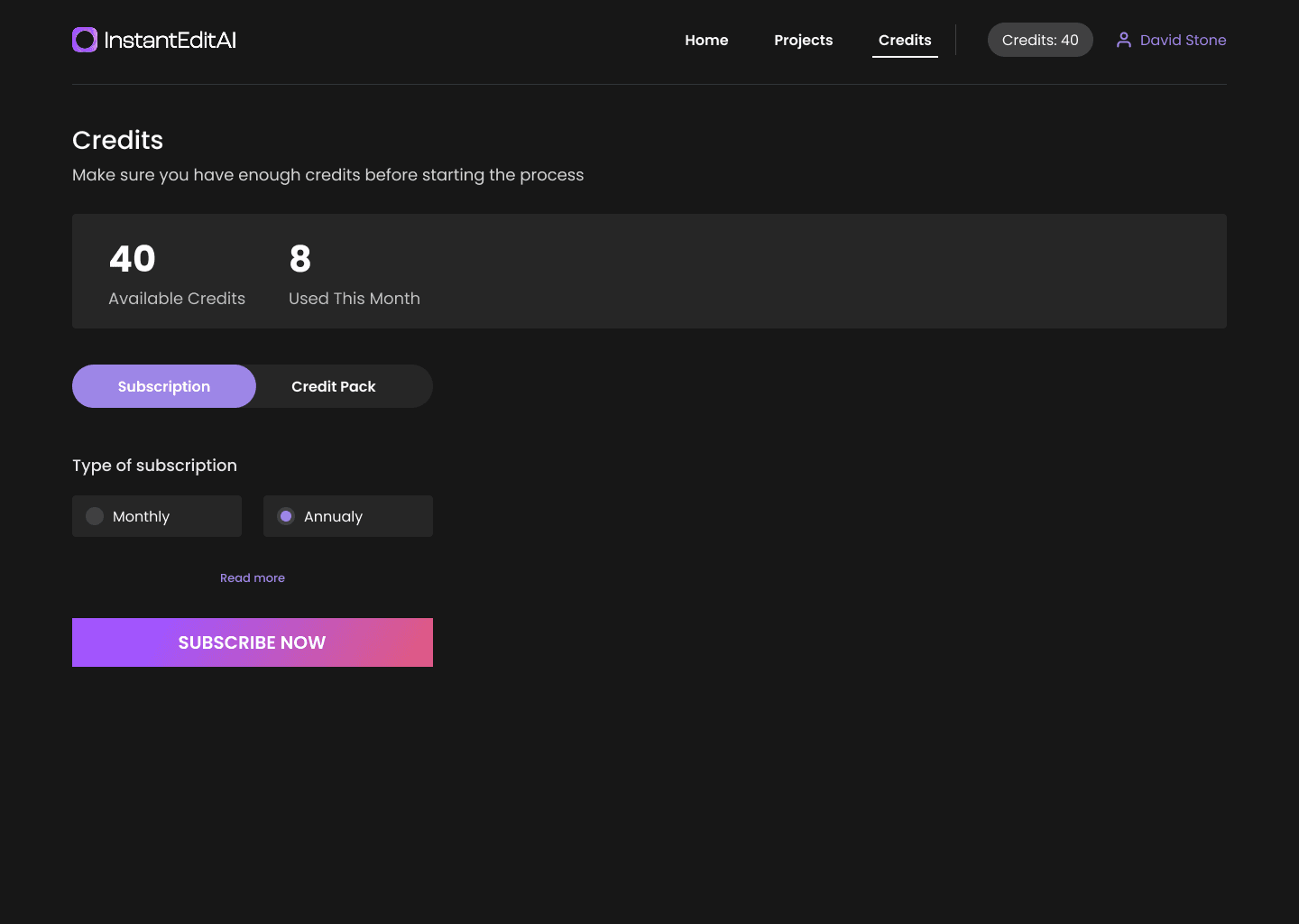 InstantEdit subscription and credits