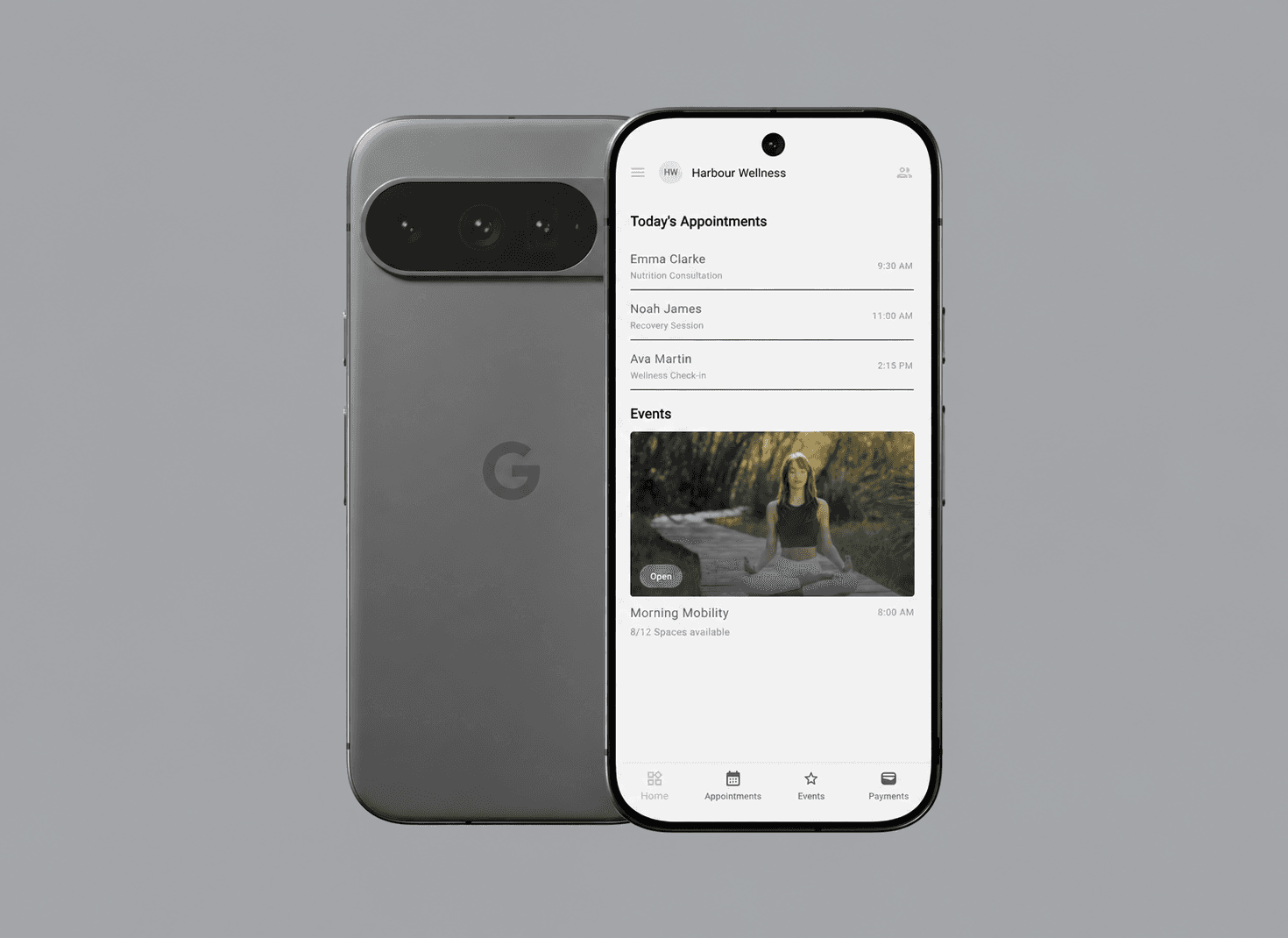 Welloca appointments and events dashboard shown in a premium phone mockup