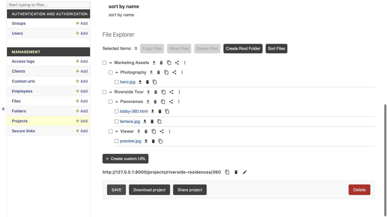 Inflight360 staff file manager with an expanded project tree